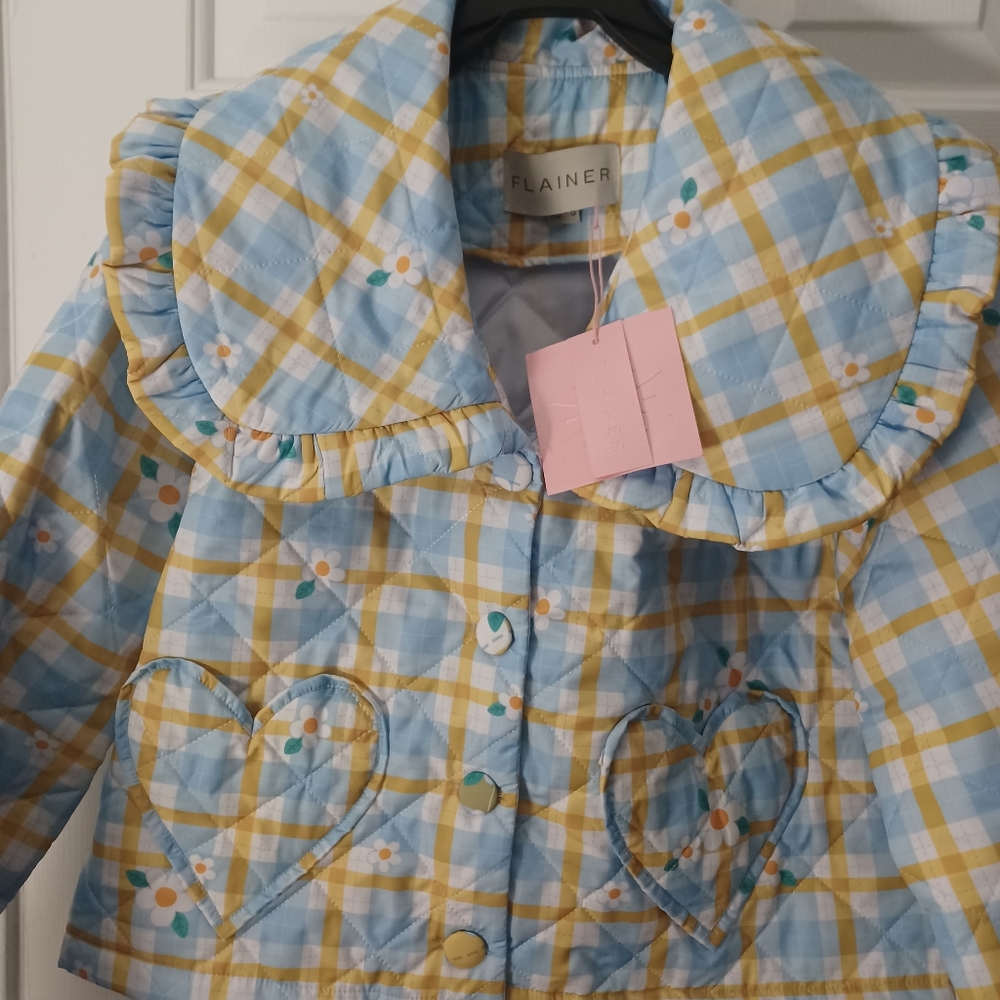 Plaid Ruffle-Collar Puffer Jacket in Blue & Yellow - Picture 4 of 12